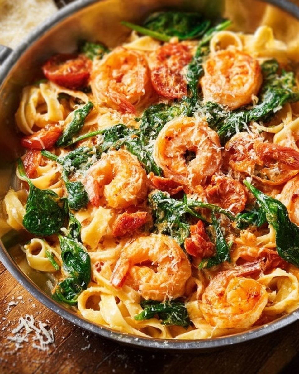 Creamy Tomato Spinach Shrimp Pasta