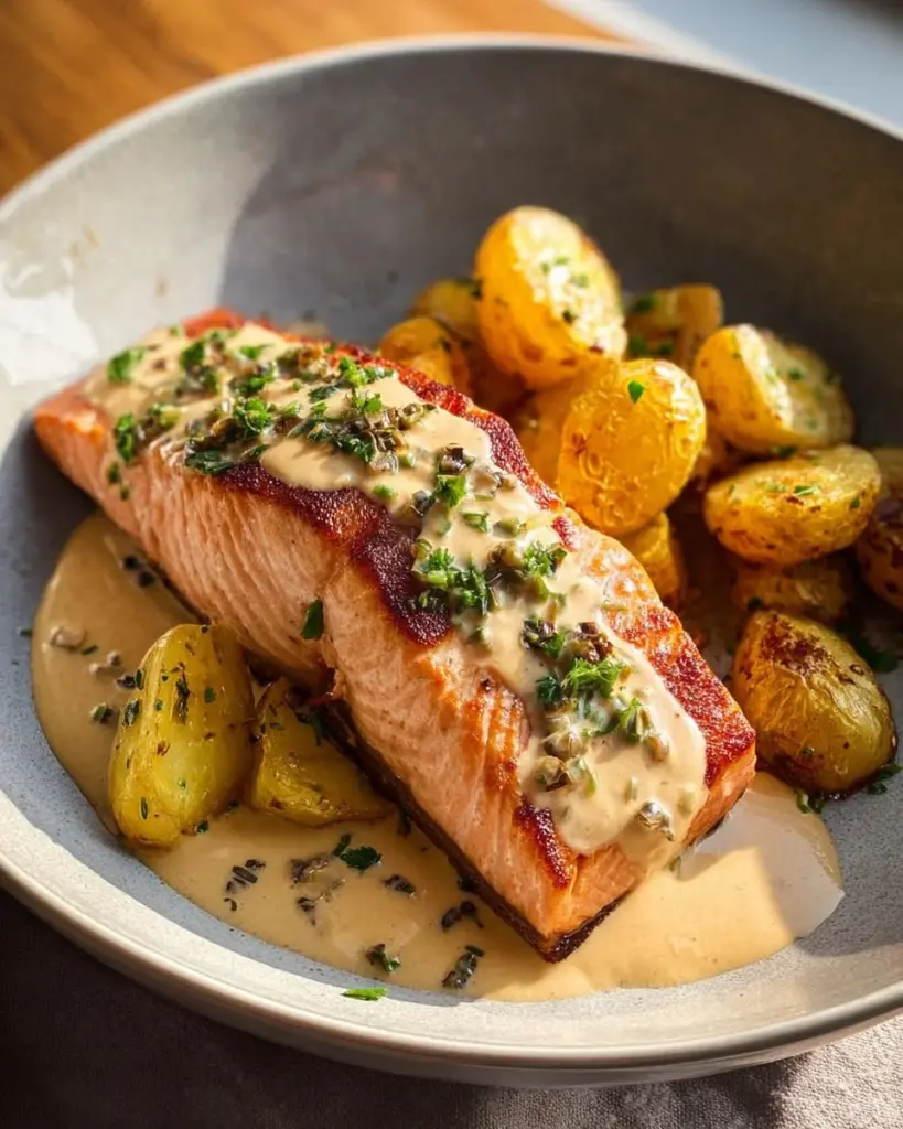 Baked salmon fillet with lemon herb sauce on a white plate