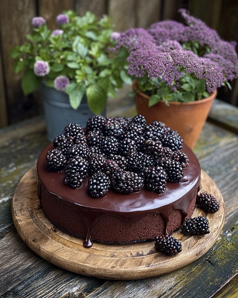 Gothic Blackberry Velvet Cake adorned with berries and chocolate