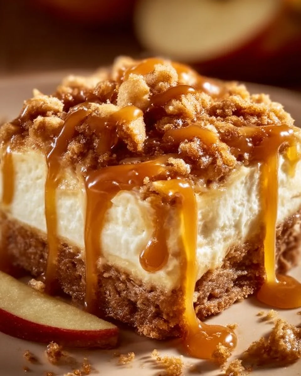 Delicious caramel apple cheesecake bars topped with caramel drizzle