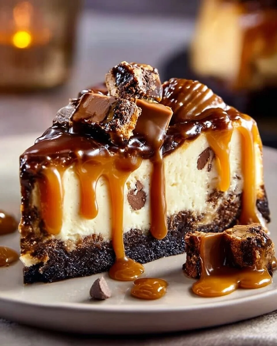 Delicious Caramel Brownie Cheesecake topped with caramel sauce.