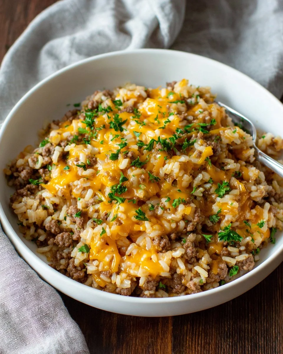 Cheesy ground beef and rice casserole in a baking dish