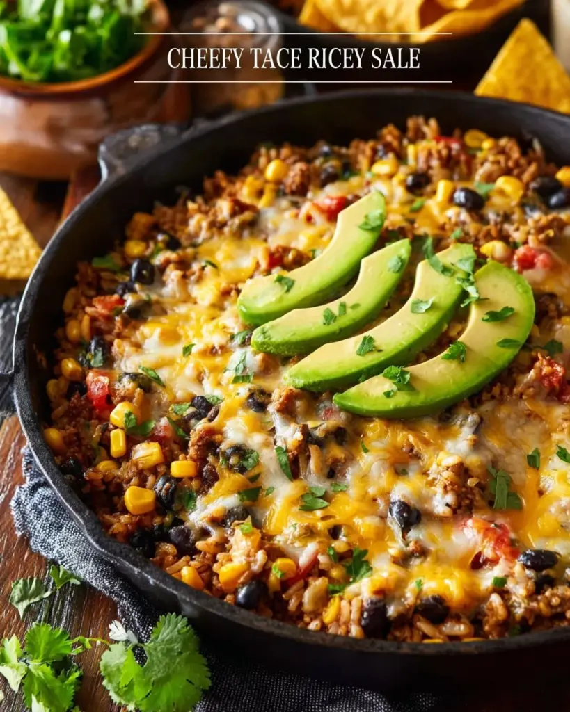 Cheesy Taco Rice Skillet topped with melted cheese and served in a skillet