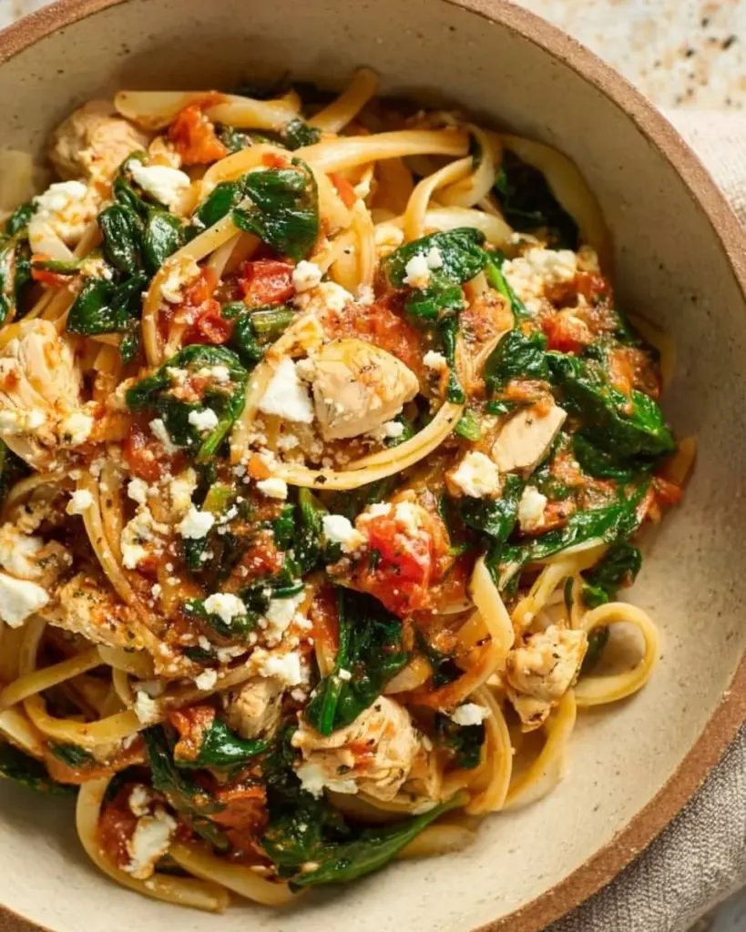 A bowl of chicken feta spinach pasta garnished with fresh herbs