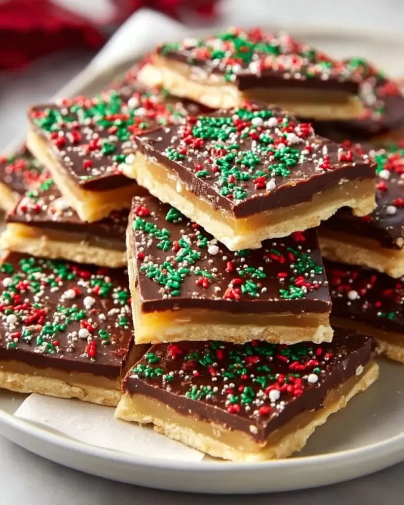 Festive and delicious homemade Christmas Crack candy on a holiday platter.