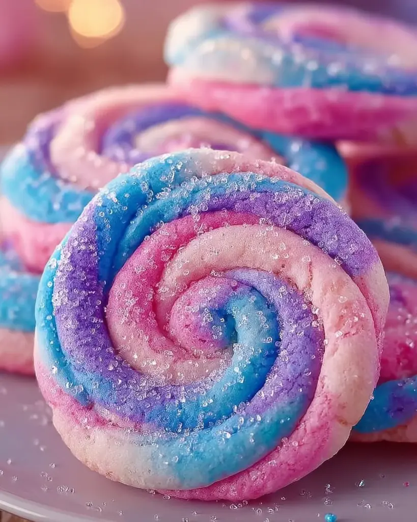 Colorful cotton candy cookies stacked on a plate.