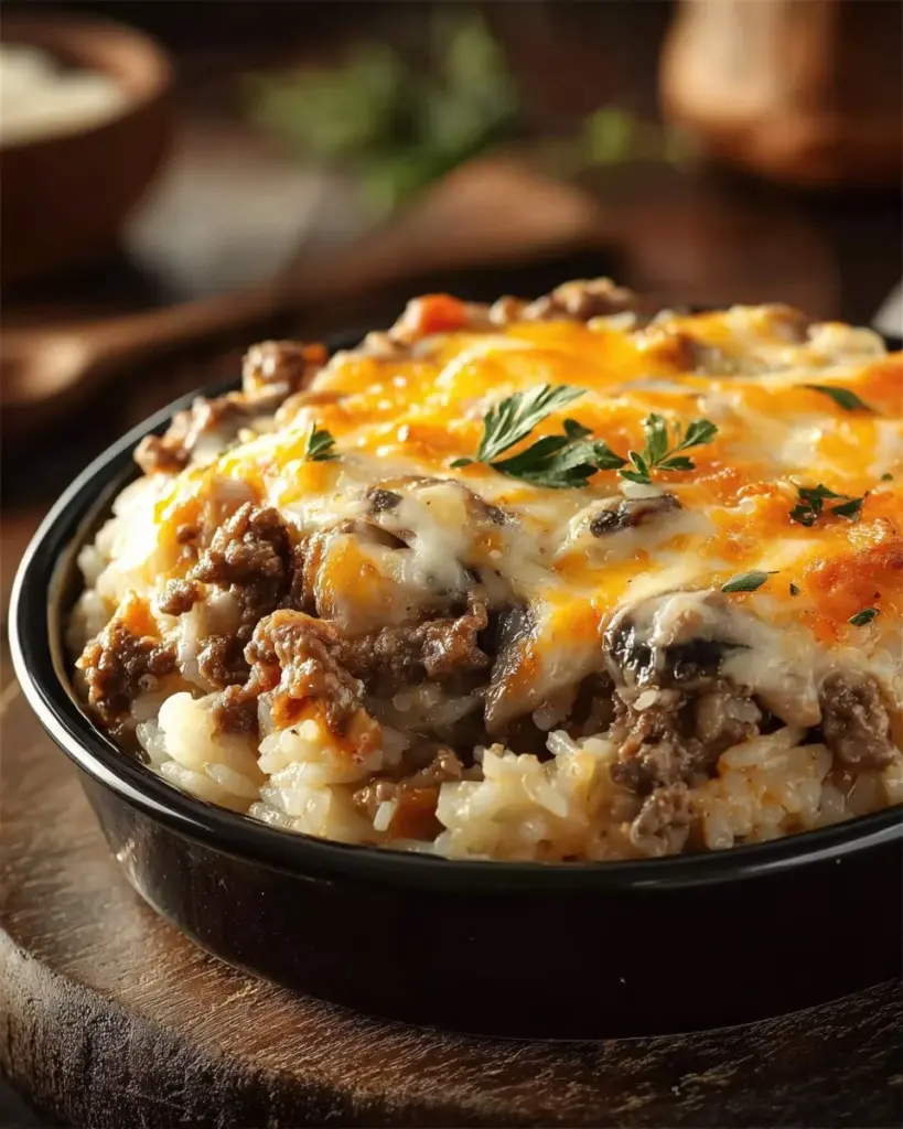 Creamy beef and mushroom rice bake topped with herbs in a baking dish.