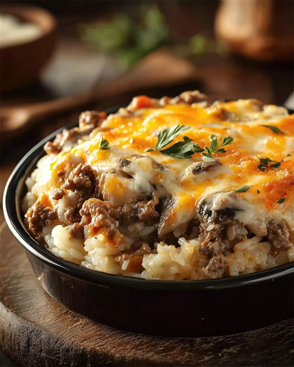 Creamy beef and mushroom rice bake topped with herbs in a baking dish.