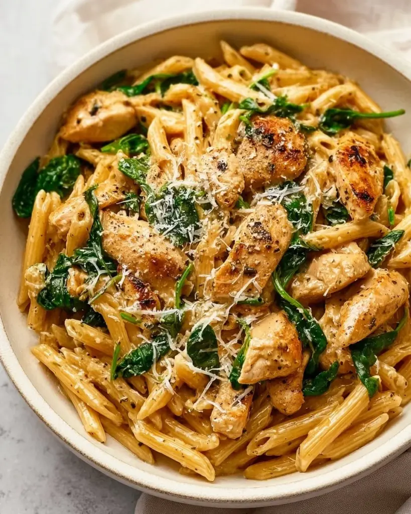 Creamy Garlic Parmesan Chicken Pasta served on a plate with herbs and cheese