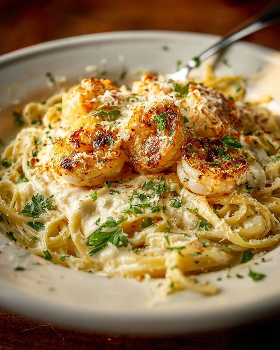 Creamy garlic shrimp pasta served in a bowl with fresh herbs and parmesan cheese.