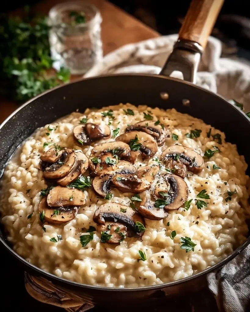 Creamy mushroom risotto garnished with fresh herbs and served in a bowl.