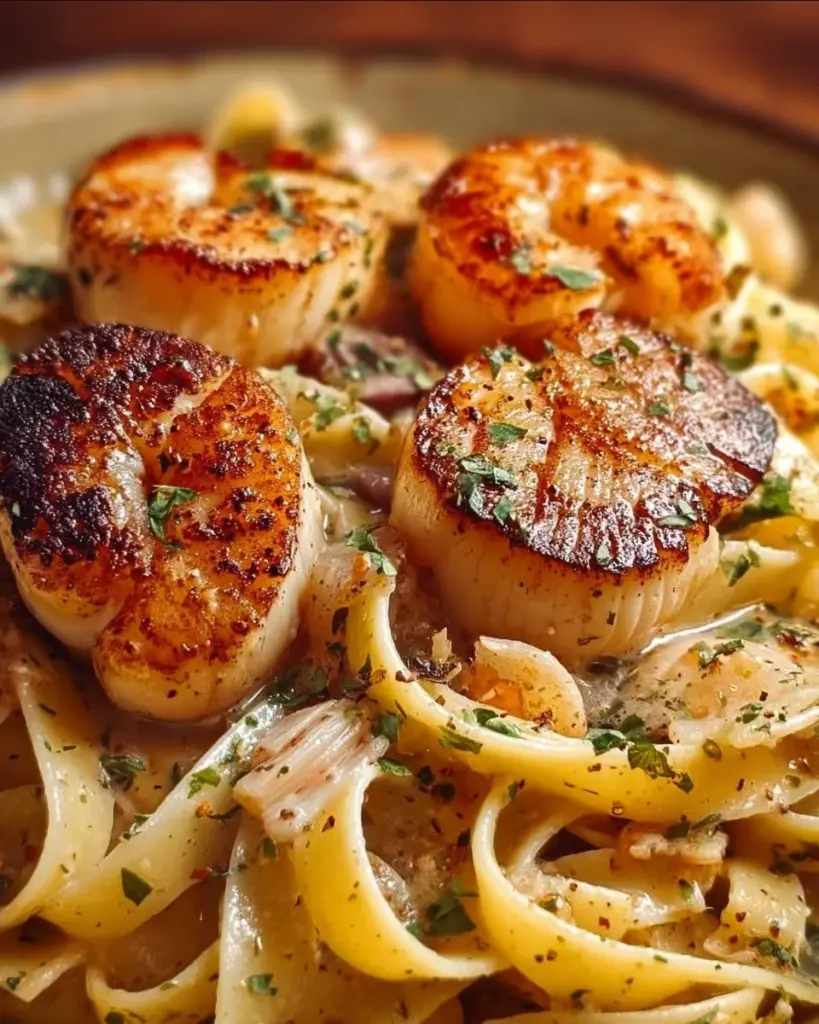 Creamy shrimp and scallop pasta dish served with herbs and spices