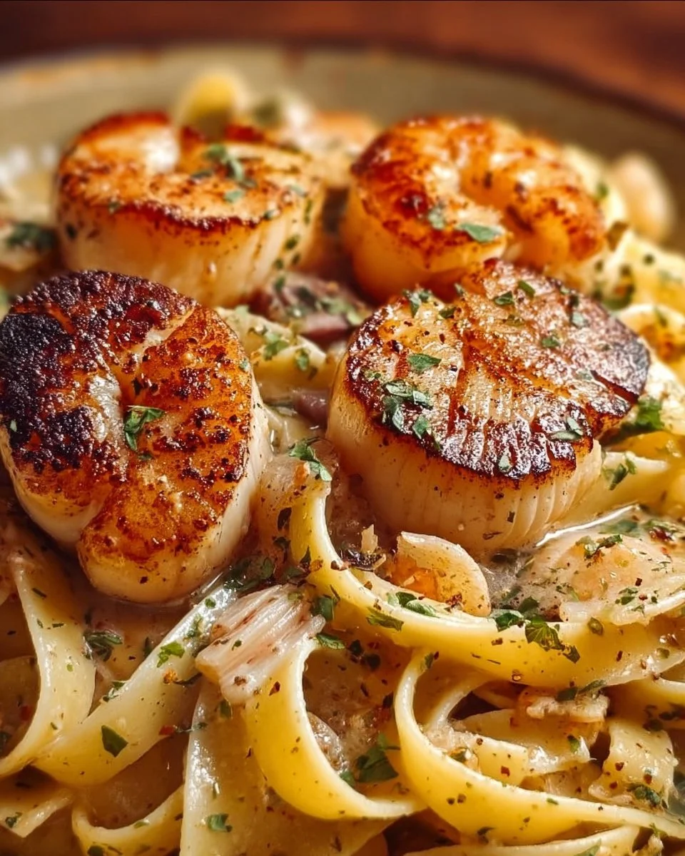 Creamy shrimp and scallop pasta dish served with herbs and spices