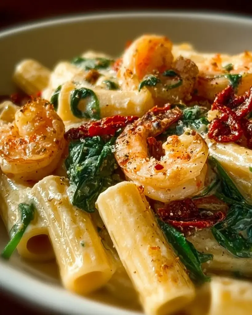 Creamy sun-dried tomato shrimp pasta with spinach served in a bowl