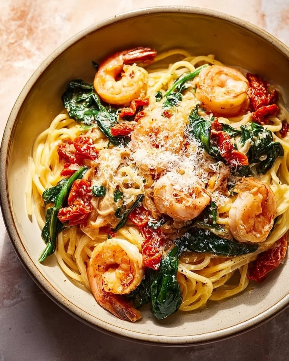 Creamy tomato spinach shrimp pasta served in a bowl
