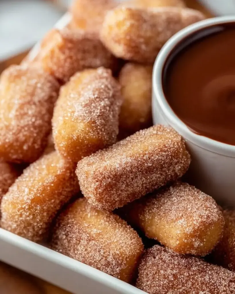 Crispy air fryer churro bites served on a plate with cinnamon sugar