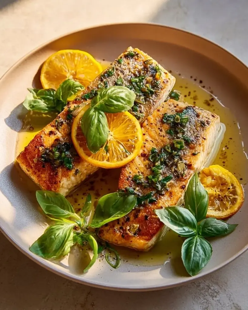 Crispy Barramundi with Citrus Basil Drizzle served on a plate