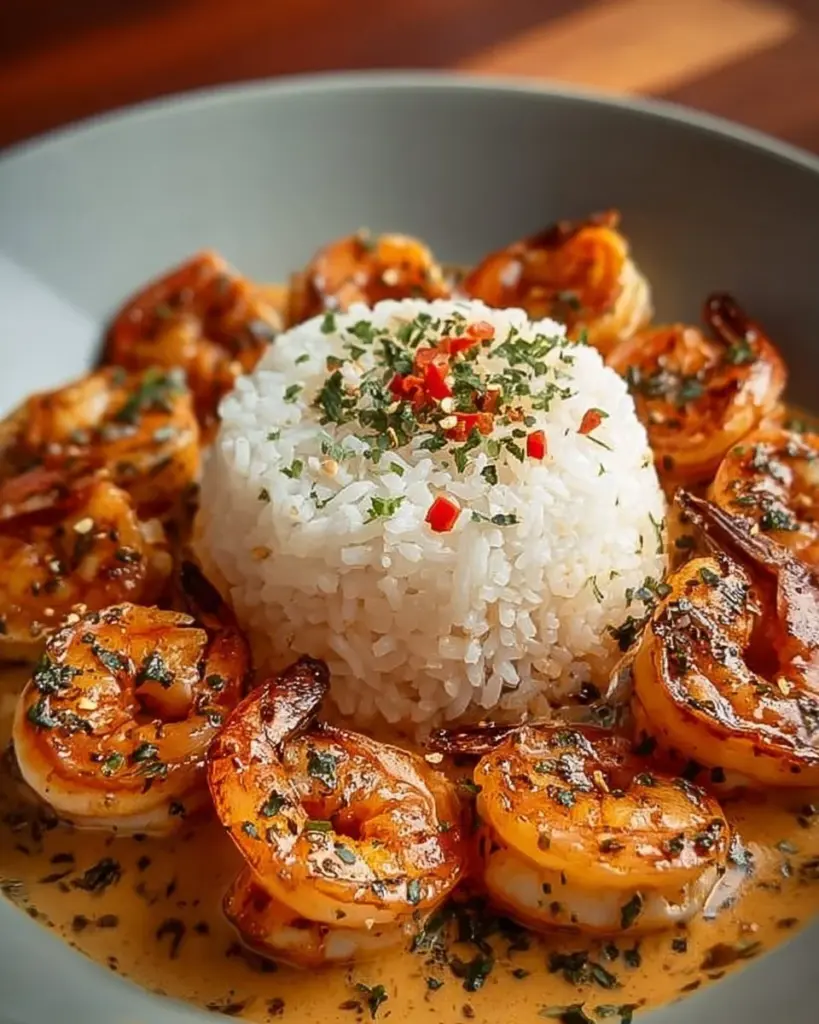 Plate of easy creamy garlic shrimp garnished with parsley and served over rice.