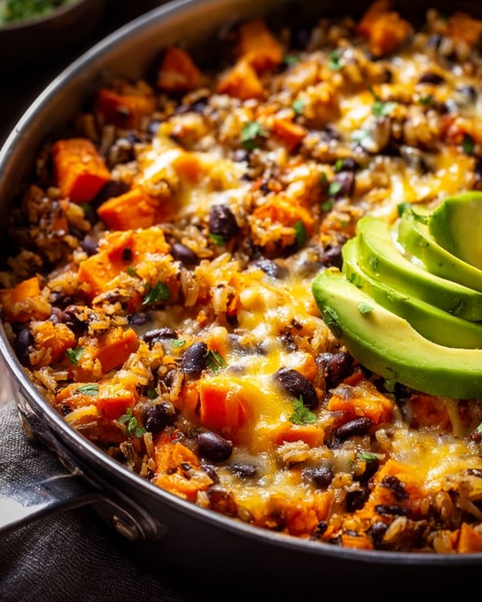 This easy, one pan, Southwest Sweet Potato, Black Bean and Rice Skillet is a hearty and healthy vegetarian dinner.