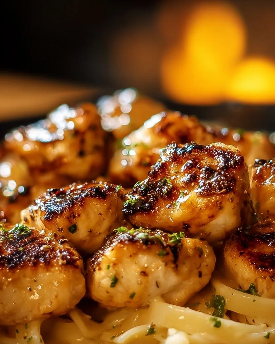 Garlic Butter Chicken Bites served with creamy parmesan pasta