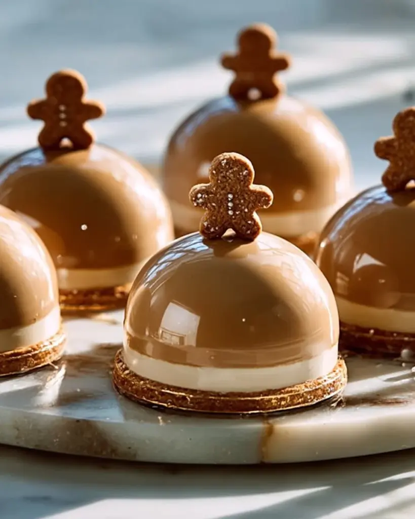 Gingerbread Latte Mousse Domes decorated with festive toppings