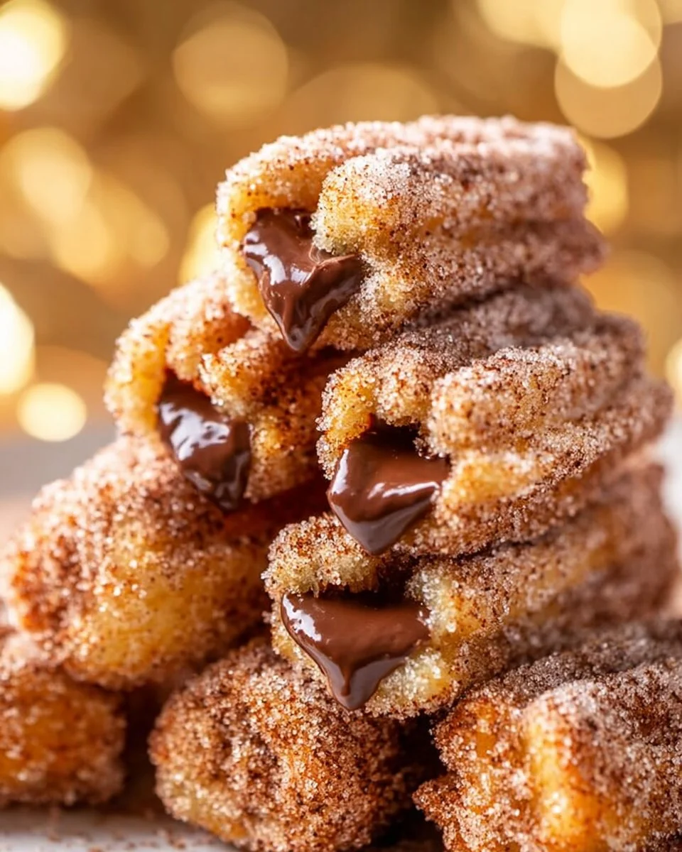 Homemade churro bites with Nutella drizzle on a plate