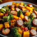 Delicious honey garlic sausage on a sheet pan with vegetables