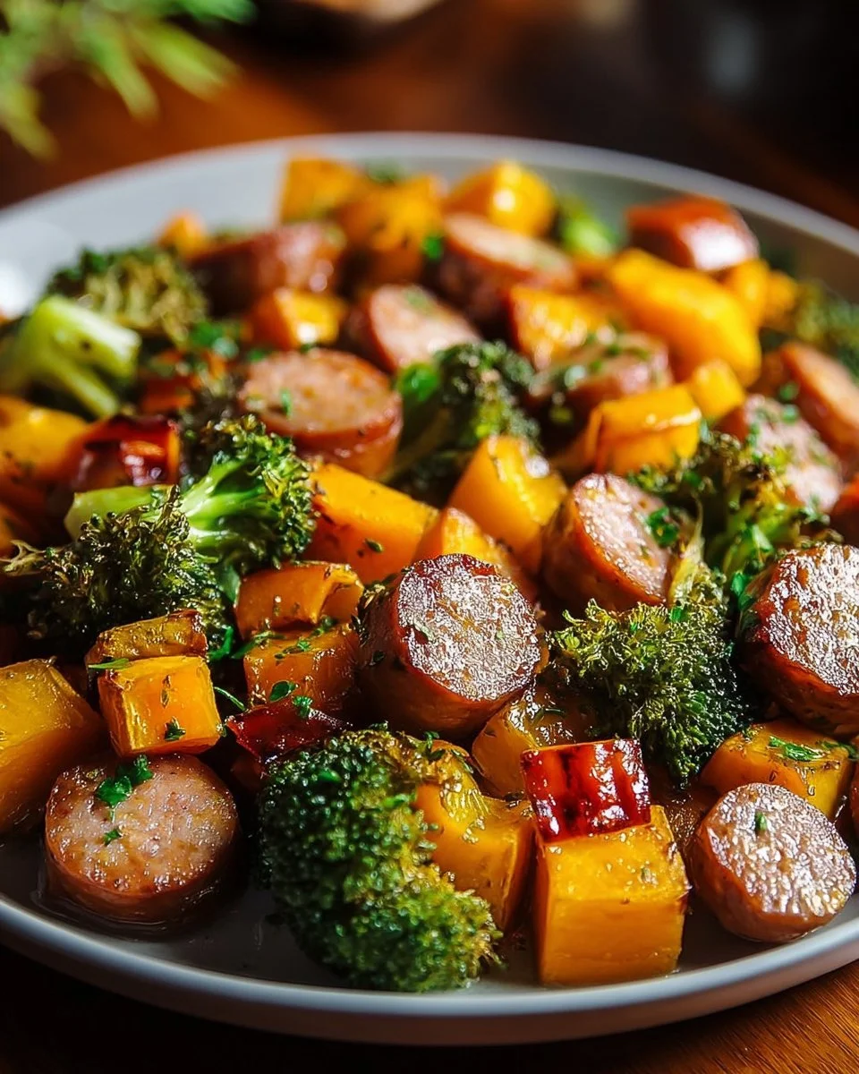 Delicious honey garlic sausage on a sheet pan with vegetables