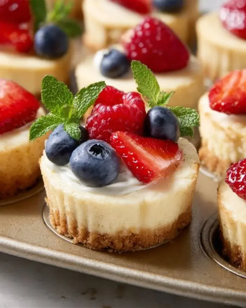 Delicious mini cheesecakes topped with fresh berries and whipped cream