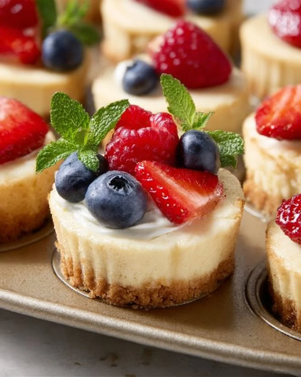 Delicious mini cheesecakes topped with fresh berries and whipped cream