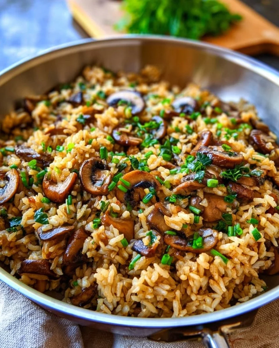 Delicious bowl of Mushroom Rice garnished with herbs and spices