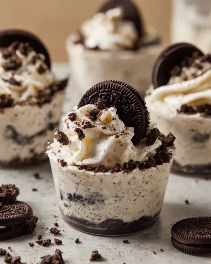 No Bake Oreo Cheesecake Cups dessert with crushed Oreos and cream layer