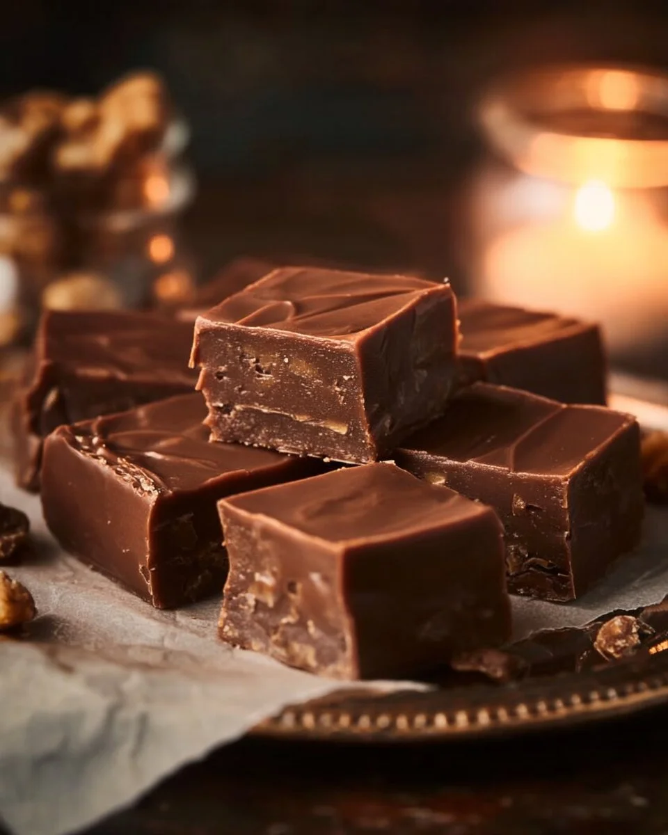 Delicious old-time fudge squares on a wooden table