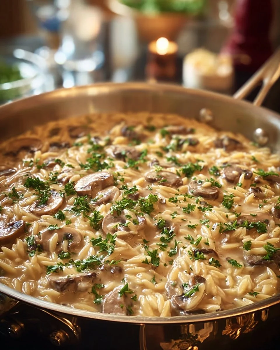 One-pot creamy mushroom orzo dish served with fresh herbs