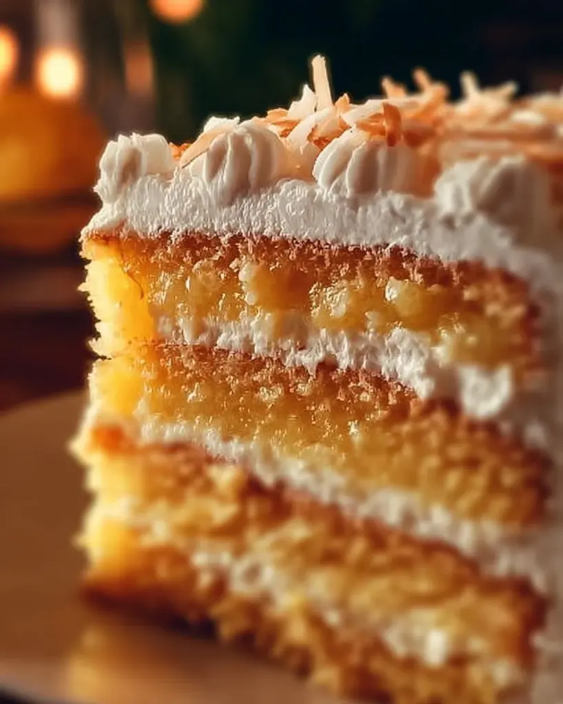 Slice of Pineapple Coconut Dream Cake topped with coconut flakes and pineapple