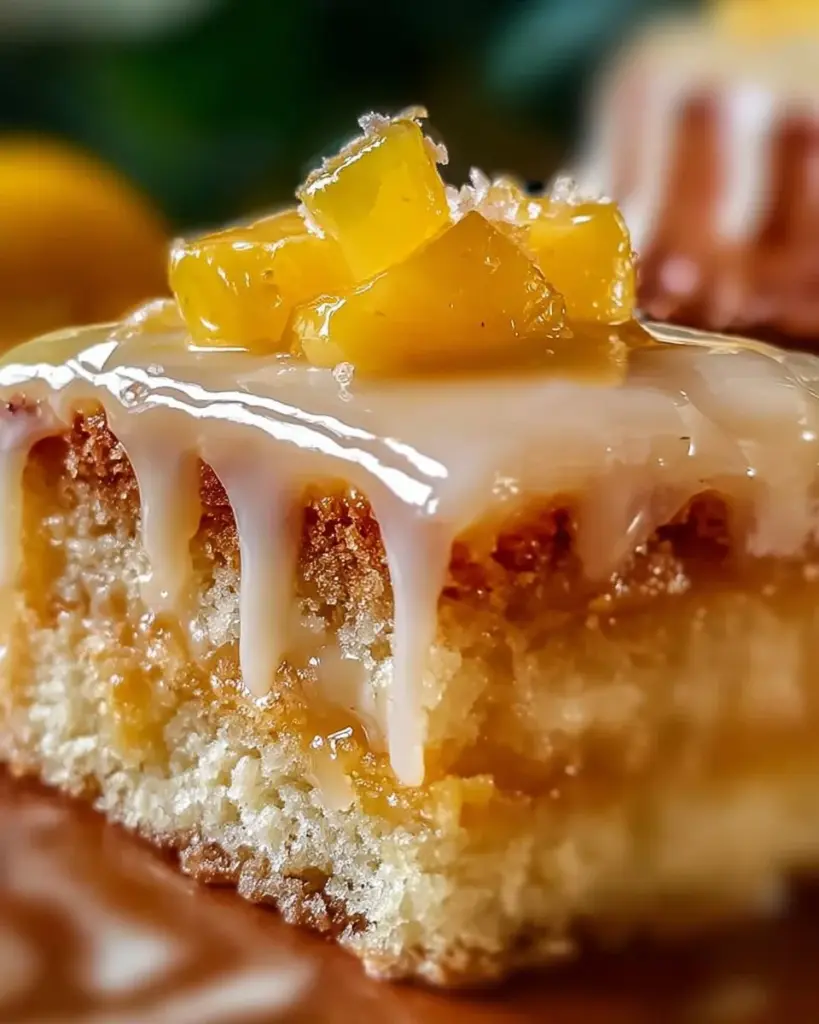 Delicious Pineapple Heaven Cake topped with fresh pineapple and whipped cream.