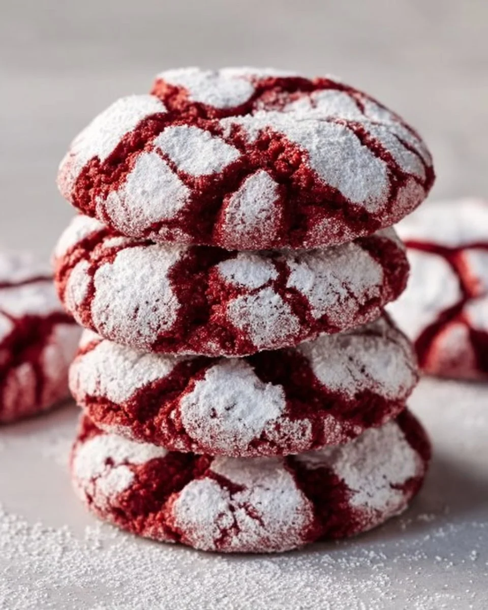 Plate of Red Velvet Crinkle Cookies dusted with powdered sugar