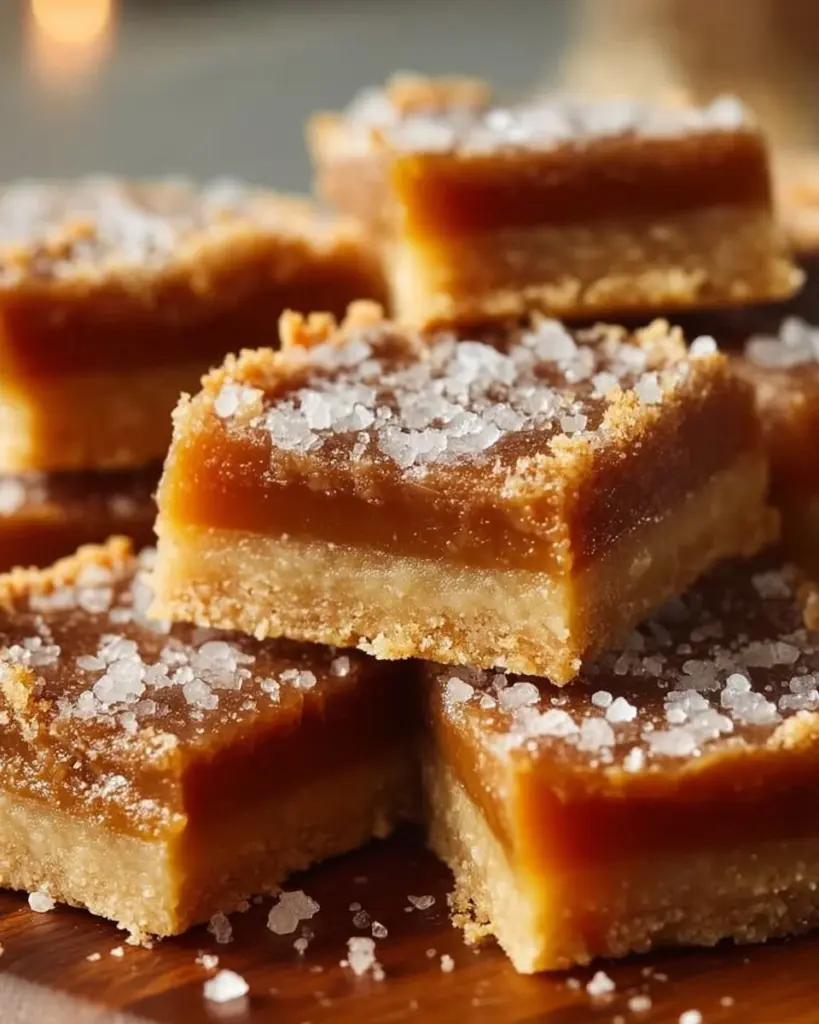 Delicious salted caramel butter bars topped with sea salt on a white plate