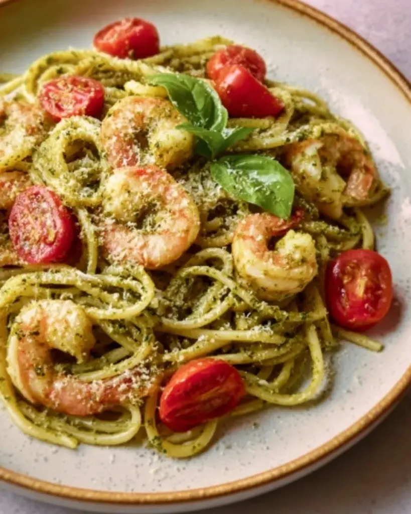 Delicious plate of shrimp pesto pasta with fresh basil and cherry tomatoes