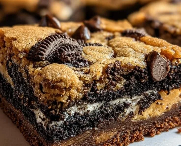 Delicious slutty brownies with layers of cookie dough, Oreos, and chocolate fudge.
