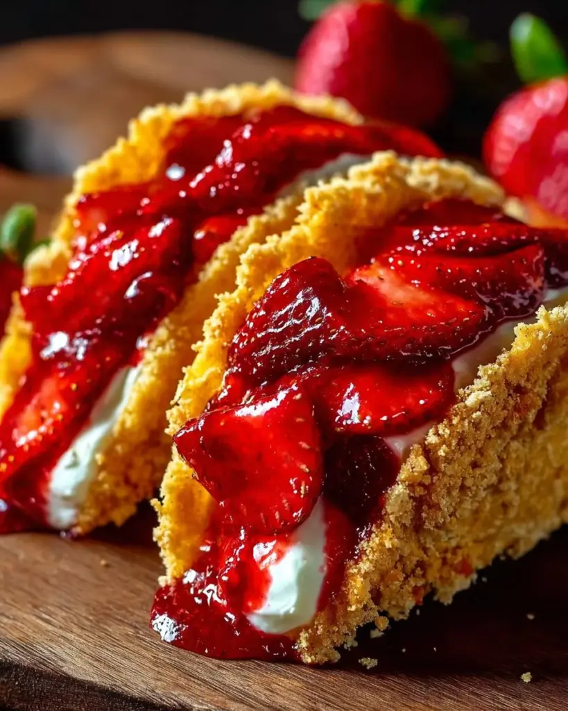 Strawberry crunch cheesecake tacos topped with fresh strawberries and crunch