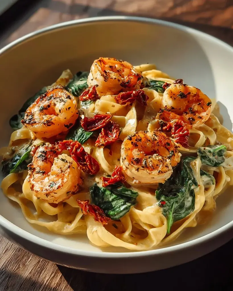 Delicious sun-dried tomato shrimp served over spinach pasta dish