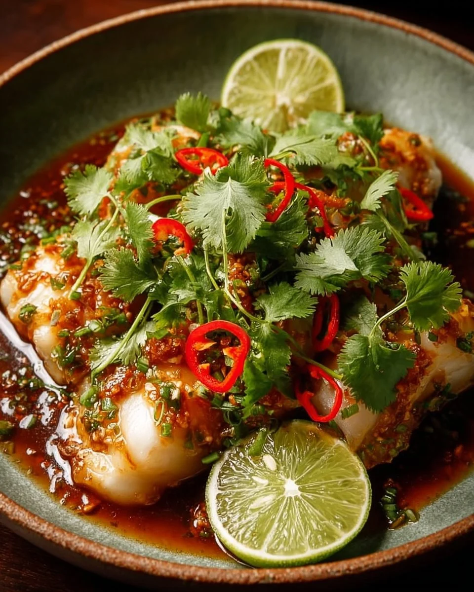 Delicious Thai Lime Garlic Fish with fresh herbs and lime garnish