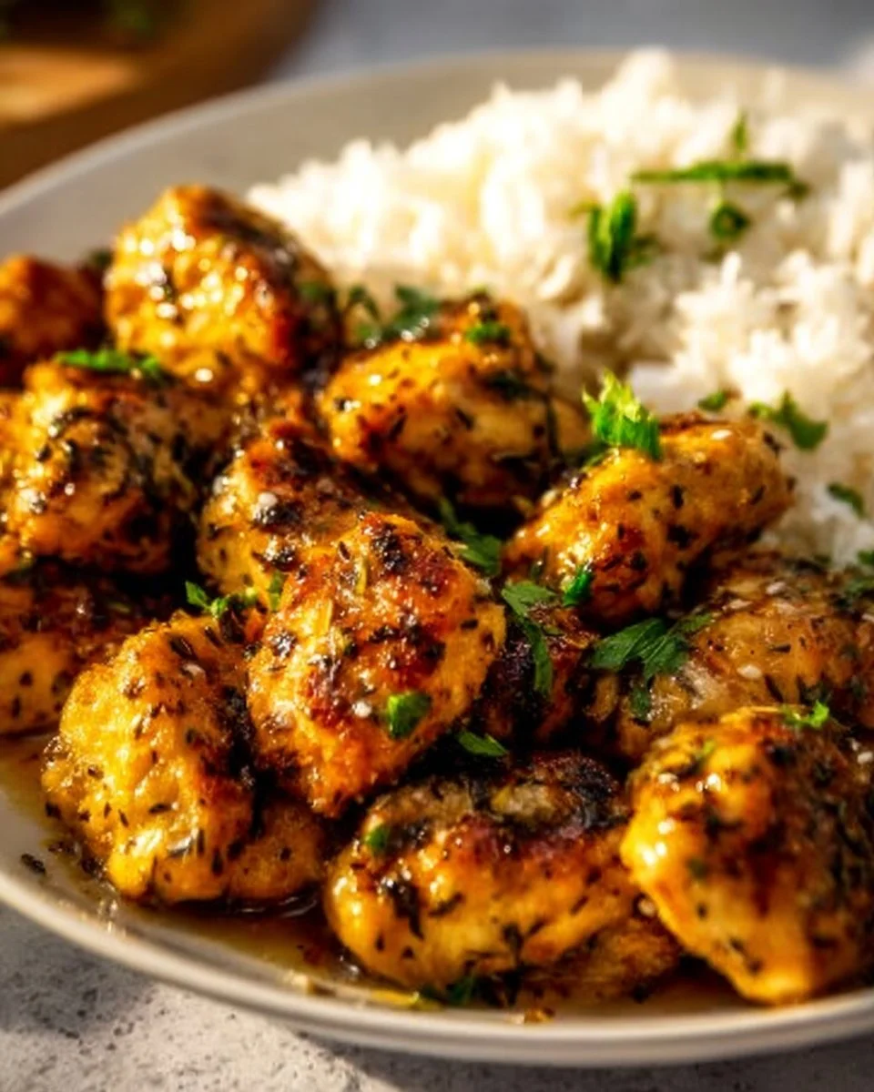 Succulent seasoned chicken breast morsels seared to perfection on a plate