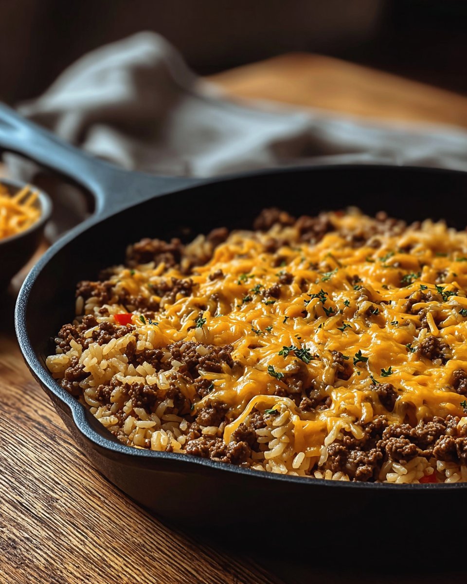 Cheesy Ground Beef and Rice Skillet