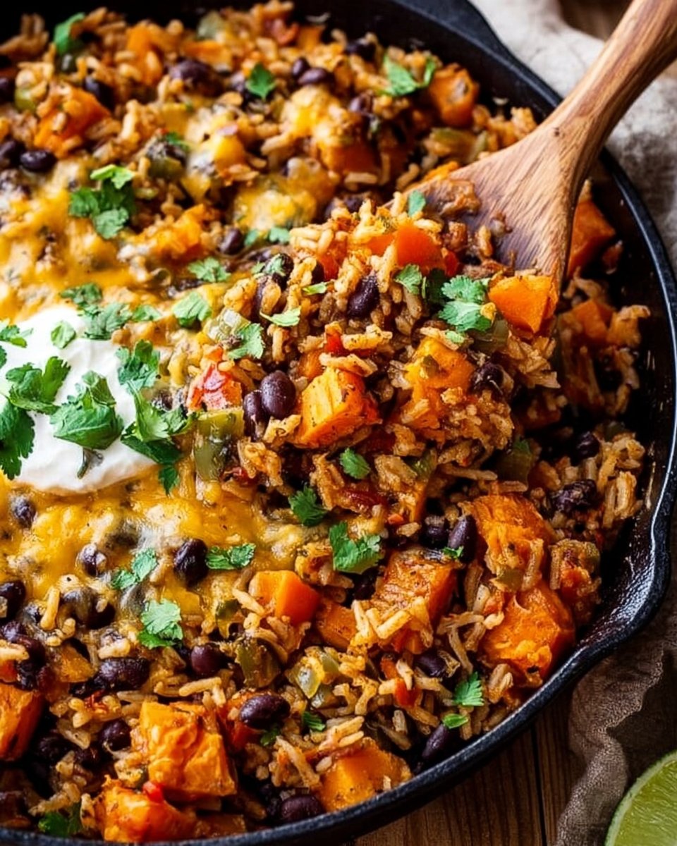This easy, one pan, Southwest Sweet Potato, Black Bean and Rice Skillet is a hearty and healthy vegetarian dinner.