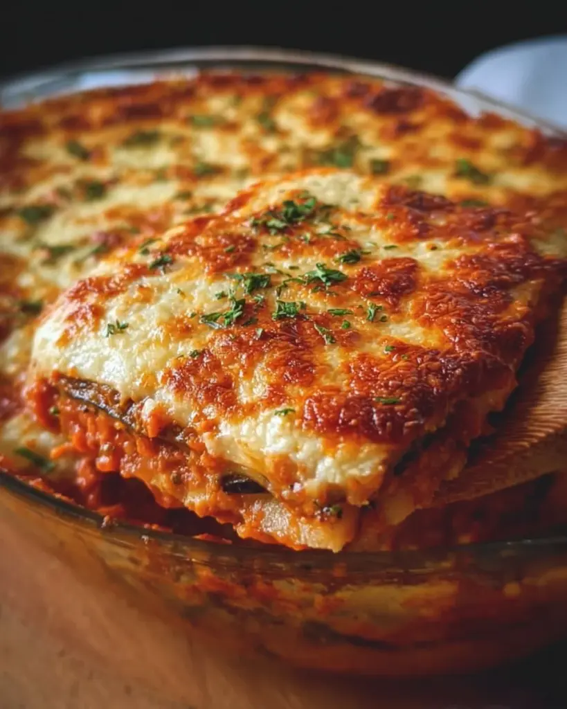 Delicious vegetarian moussaka with layers of vegetables and savory sauce