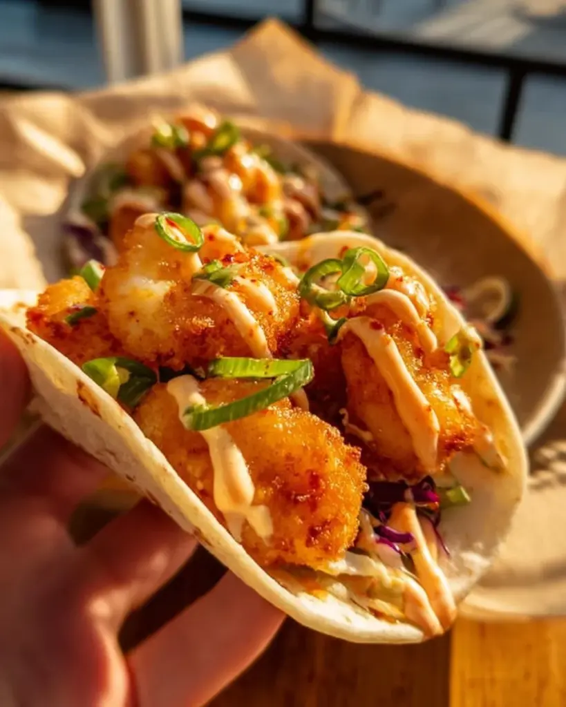 Air Fryer Bang Bang Shrimp Tacos garnished and served on a plate