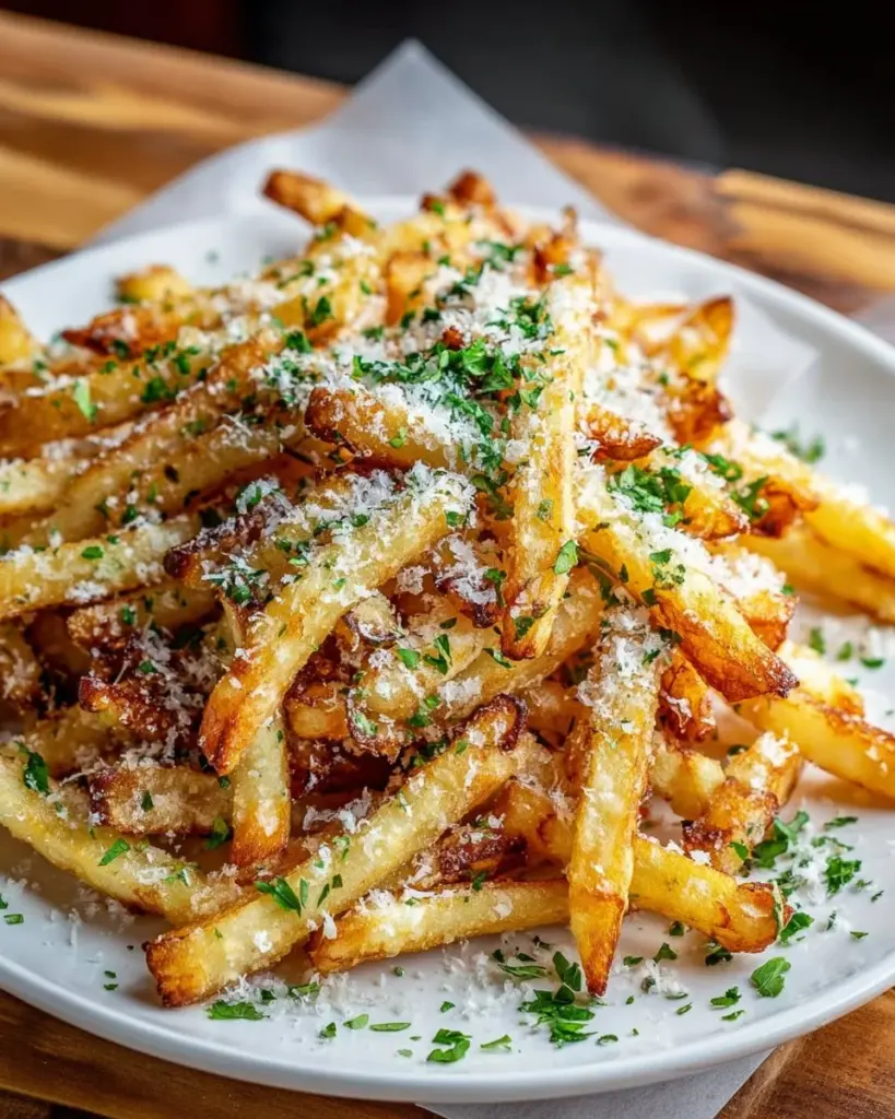 Crispy Air Fryer Parmesan Truffle Fries garnished with herbs