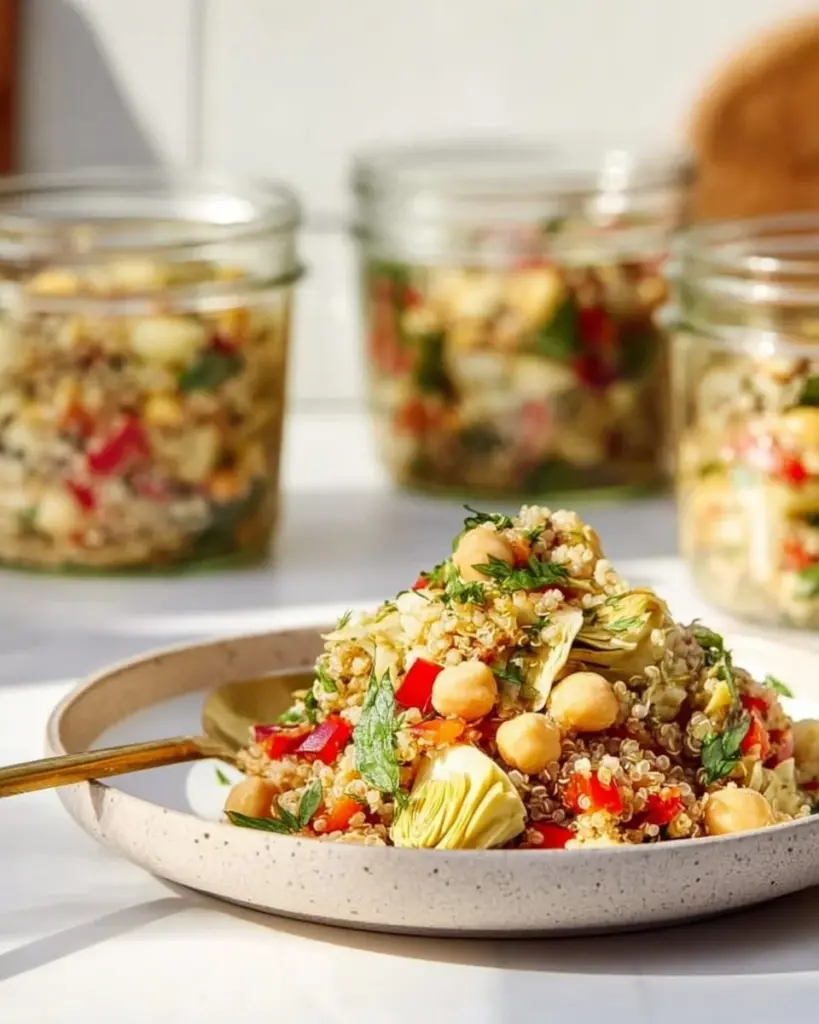 A vibrant Artichoke Quinoa Salad topped with fresh vegetables and herbs.